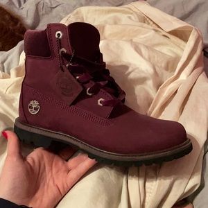 Worn once burgundy velvet Timberlands.
